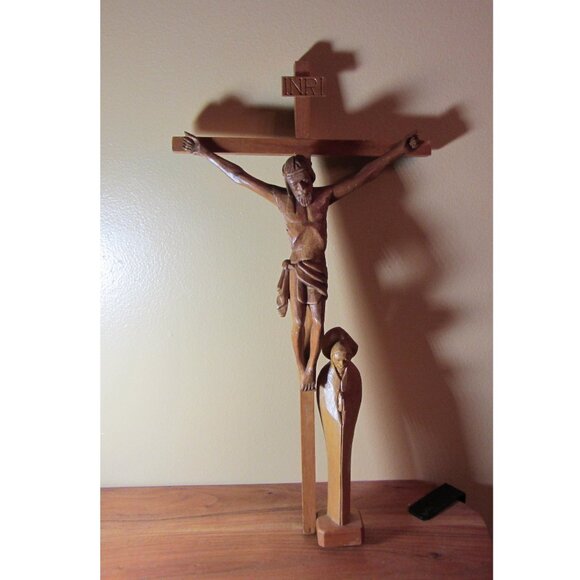 vintage wood crucifix cross with ST. JOHN OF THE CROSS hand made (w2128)